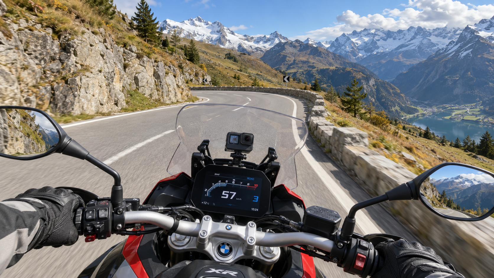 AI concept: a rider’s view of a Swiss mountain pass with a GoPro pointing towards the rider.