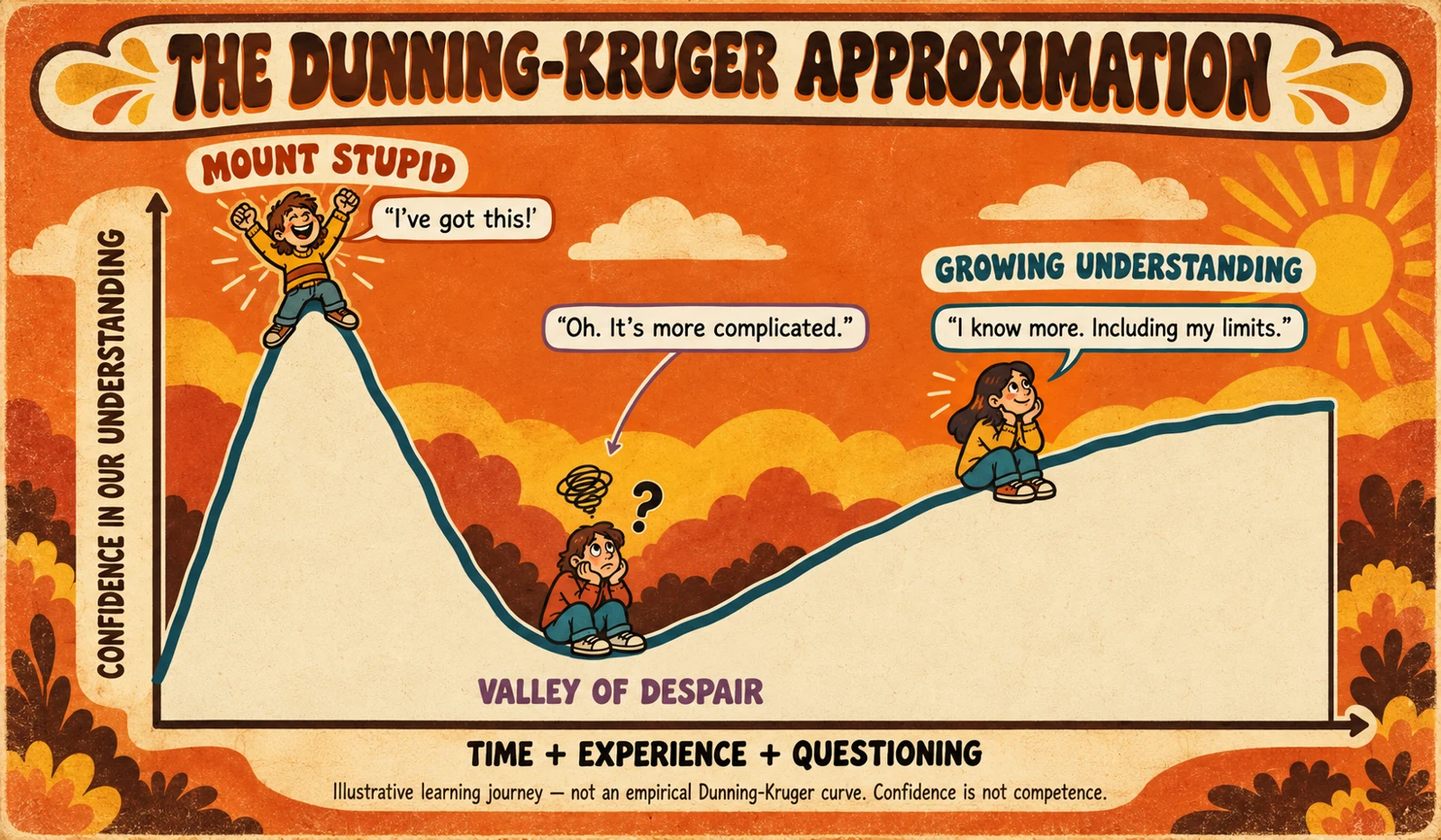 Illustrative confidence curve: early certainty, discovery of complexity, and gradual understanding. Not the curve measured in the original Dunning–Kruger study.