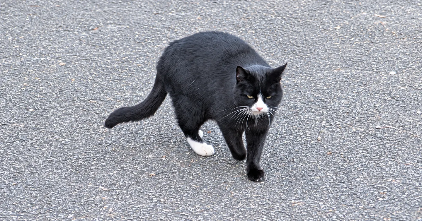Kay’s black-and-white tomcat walking towards the camera on grey asphalt